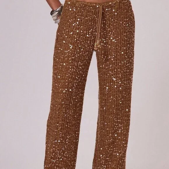 Rust Brown Women's ResortDrawstring Waist Sequin Relaxed Wide Leg pants